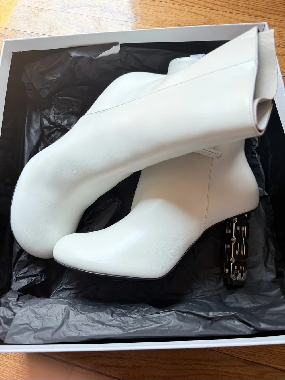 Givenchy White Leather Chain-Link Block Heel Booties